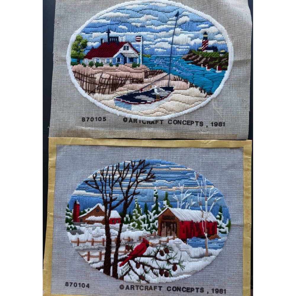 Artcraft Concepts 1981 Needlepoint Set of 2 Winter Summer Scenes 870104 870105